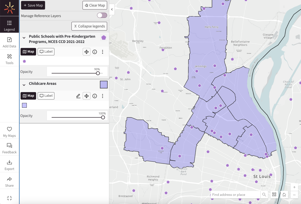 Map with uploaded data and points indicating pre-schools